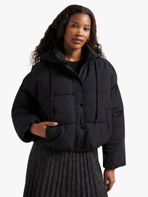 Jet Women's Black Hooded Puffer Jacket Reg