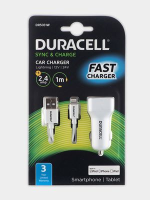 Duracell 2.4A Car Charger + 1m 8 Pin MFI Cable White