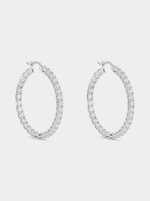 Sterling Silver Cubic Zirconia Pave Large Hoop Earrings