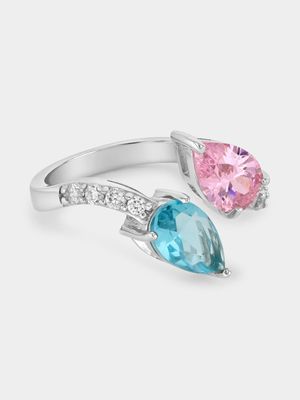 STERLING SILVER AQUA & PINK PEAR WRAP RING