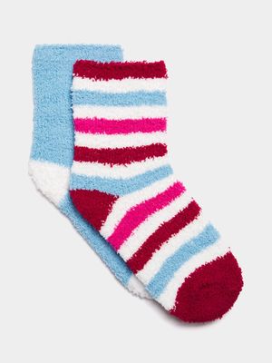 Jet Younger Girls Blue/Coral Stripe 2 Pack Fluffy Socks