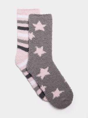 Jet Older Girls Grey/Pink 2 Pack Fluffy Socks
