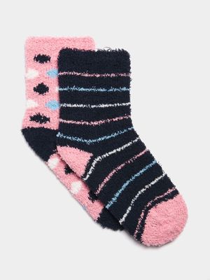 Jet Younger Girls  Navy Stripes & Spots Fluffy Socks