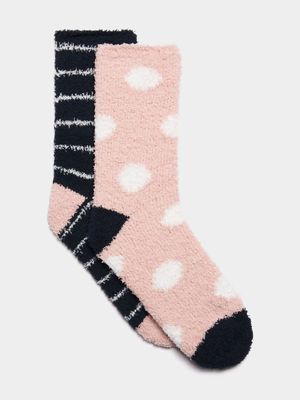 Jet Women's Blue/Pink Stripe & Spot Fluffy Socks