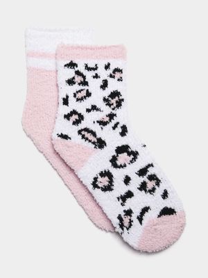 Jet Older Girls Pink/White 2 Pack Fluffy Socks