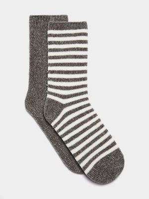 Jet Women's Grey Stripes 2 Pack Chenille Socks