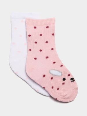 Jet Infant Girls Pink/White Bunny 2 Pack Socks