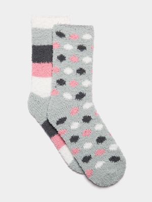 Jet Women's Pink Stripe & Spot 2 Pack Fluffy Socks
