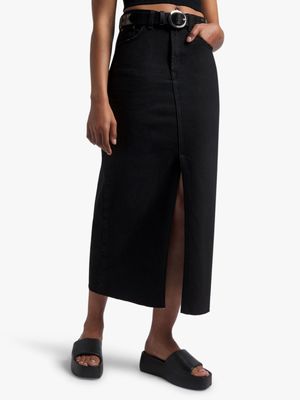 Women's Black Midi Denim Skirt With Slit