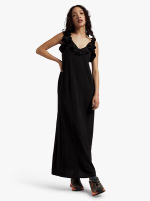 Women's Black Airflow Strappy Ruffle Maxi Dress