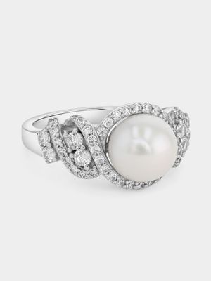 Sterling Silver Cubic Zirconia Pearl Ring.