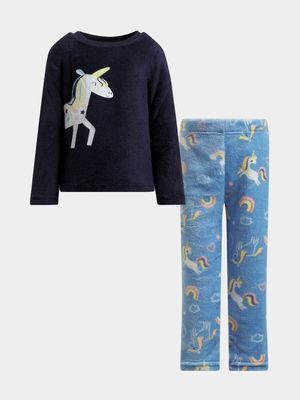 Jet Younger Girls Navy/Blue Unicorn Fleece Pyjama Set