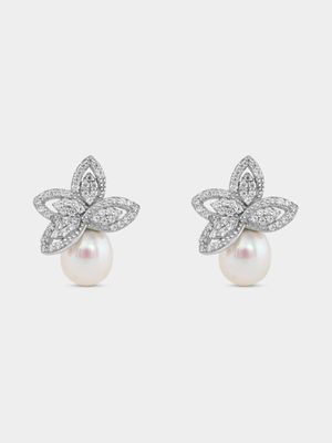 Sterling Silver Female Cubic Zirconia Pearl Studs Earring