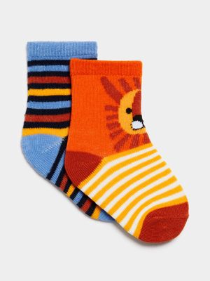 Jet Infant Boys Orange Lion Stripe 2 Packs Jacquard Socks