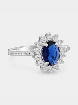Sterling Silver Sapphire Blue Cubic Zirconia Oval Halo Ring
