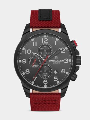 Daniel Klein Black Plated Red Leather Chronographic Watch