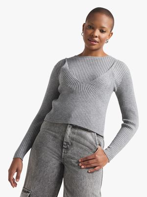 Women's Grey Twofer Knit Top