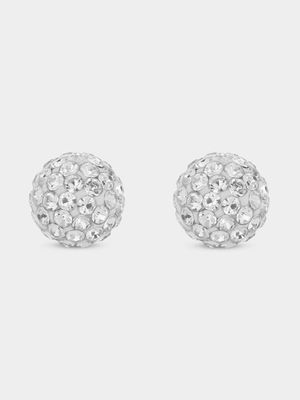 Wome's 9ct Silver Crystal Ball Studs Fine Earrings