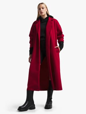 Women's Red Longline Melton Coat