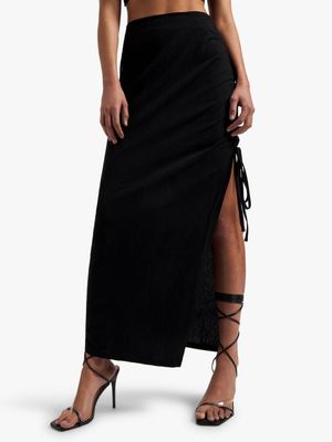 Women's Black Linen Side Ruched Maxi Skirt With Mock Ties