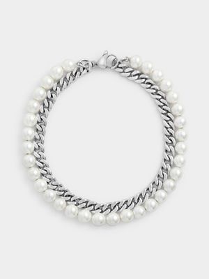 Gents Stainless Steel Pearl Double Bracelet-21cm