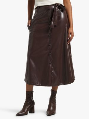 Jet Women's Chocolate Button Front Belted Skirt