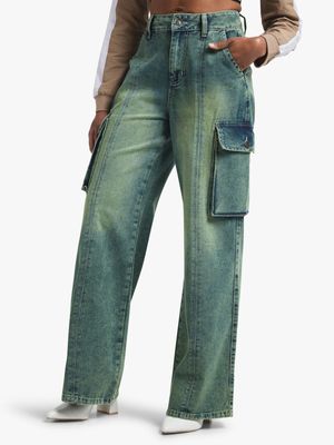Women's Tea Stain Wide Leg Jeans With Bellow Pockets