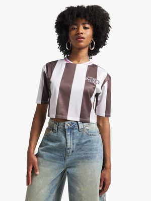 Women's Brown & White Striped Cropped Boxy Top
