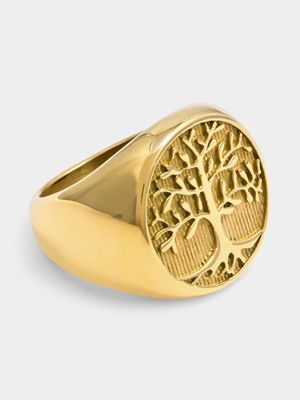 Gents Gold Tone Stainless Steel Tree of Life Signet Ring