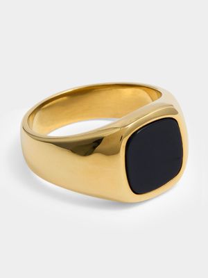 Gents Gold Tone Stainless Steel Black Center Signet Ring
