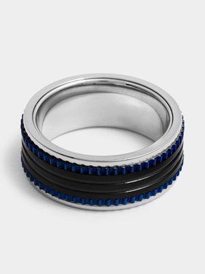 Gents Stainless Steel with Black & Blue Detail Ring