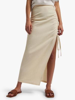 Women's Stone Linen Side Ruched Maxi Skirt With Mock Ties