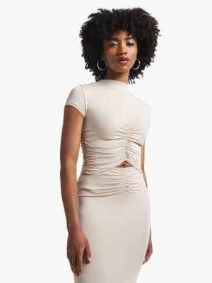 Women's Natural Co-Ord Funnel Neck With Front Ruch Detail