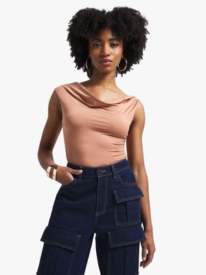 Women's Brown Draped Neck  Co-Ord Top With Side Ruch