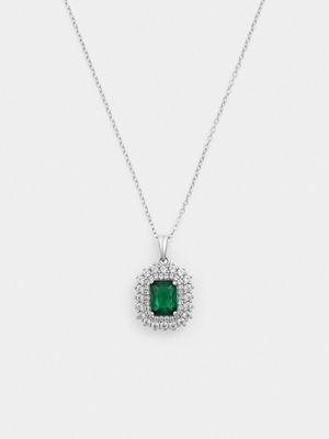 Sterling Silver Diamond & Green Spinel Emerald-Cut Halo Pendant