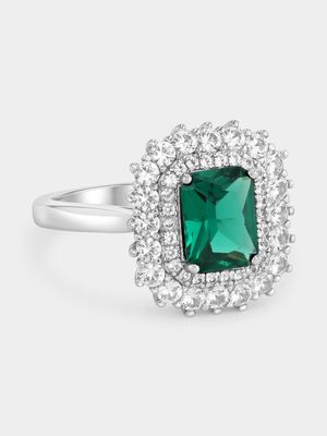 Sterling Silver Diamond &Created Sapphire & Green Spinel Emerald-Cut Halo Ring