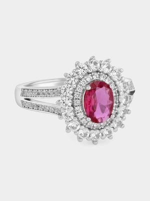 Sterling Silver Diamond & Created Sapphire & Created Ruby Oval Halo Ring