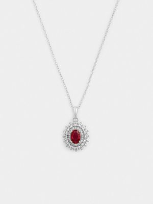 Sterling Silver Diamond & Created Ruby Oval Halo Pendant