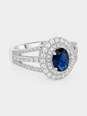 Sterling Silver Diamond & Created Sapphire & Blue Spinel Oval Halo Ring