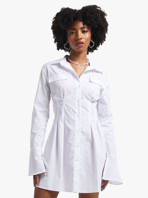 Women's White Pleated Poplin Shirt Dress