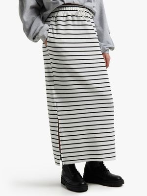 Women's Black & White Fleece Midaxi Stripe Skirt & Slit