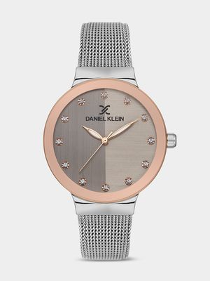 Daniel Klein Rose Plated Grey Dial Stainless Steel Mesh Watch