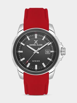 Daniel Klein Silver & Black Plated Black Dial Red Silicone Watch