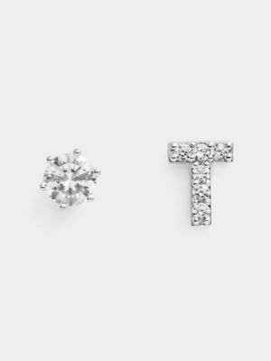 Rhodium Plated Pave Letter T Initial & 6mm CZ Stud