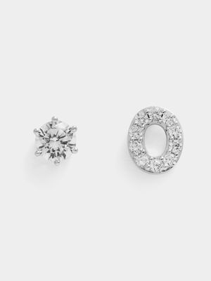 Rhodium Plated Pave Letter O Initial & 6mm CZ Stud