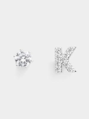 Rhodium Plated Pave Letter K Initial & 6mm CZ Stud