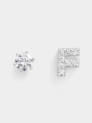 Rhodium Plated Pave Letter F Initial & 6mm CZ Stud