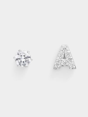 Rhodium Plated Pave Letter A Initial & 6mm CZ Stud