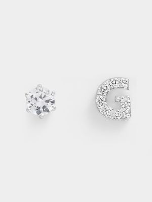 Rhodium Plated Pave Letter G Initial & 6mm CZ Stud