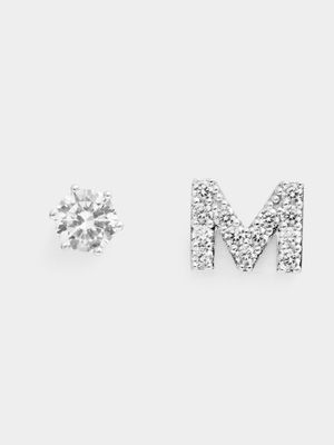 Rhodium Plated Pave Letter M Initial & 6mm CZ Stud
